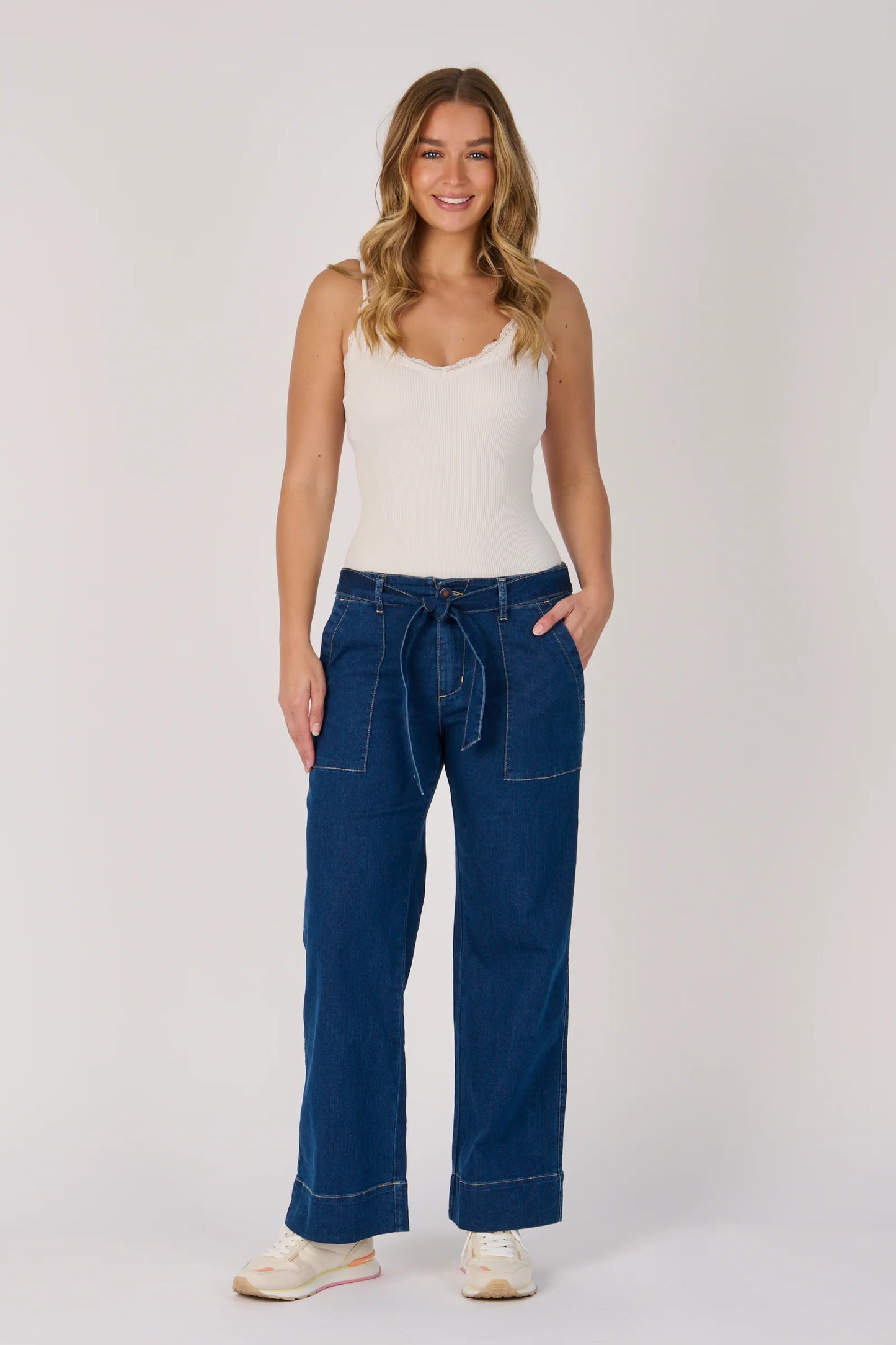 Belt Feature Wide Leg Jeans - Dark Blue