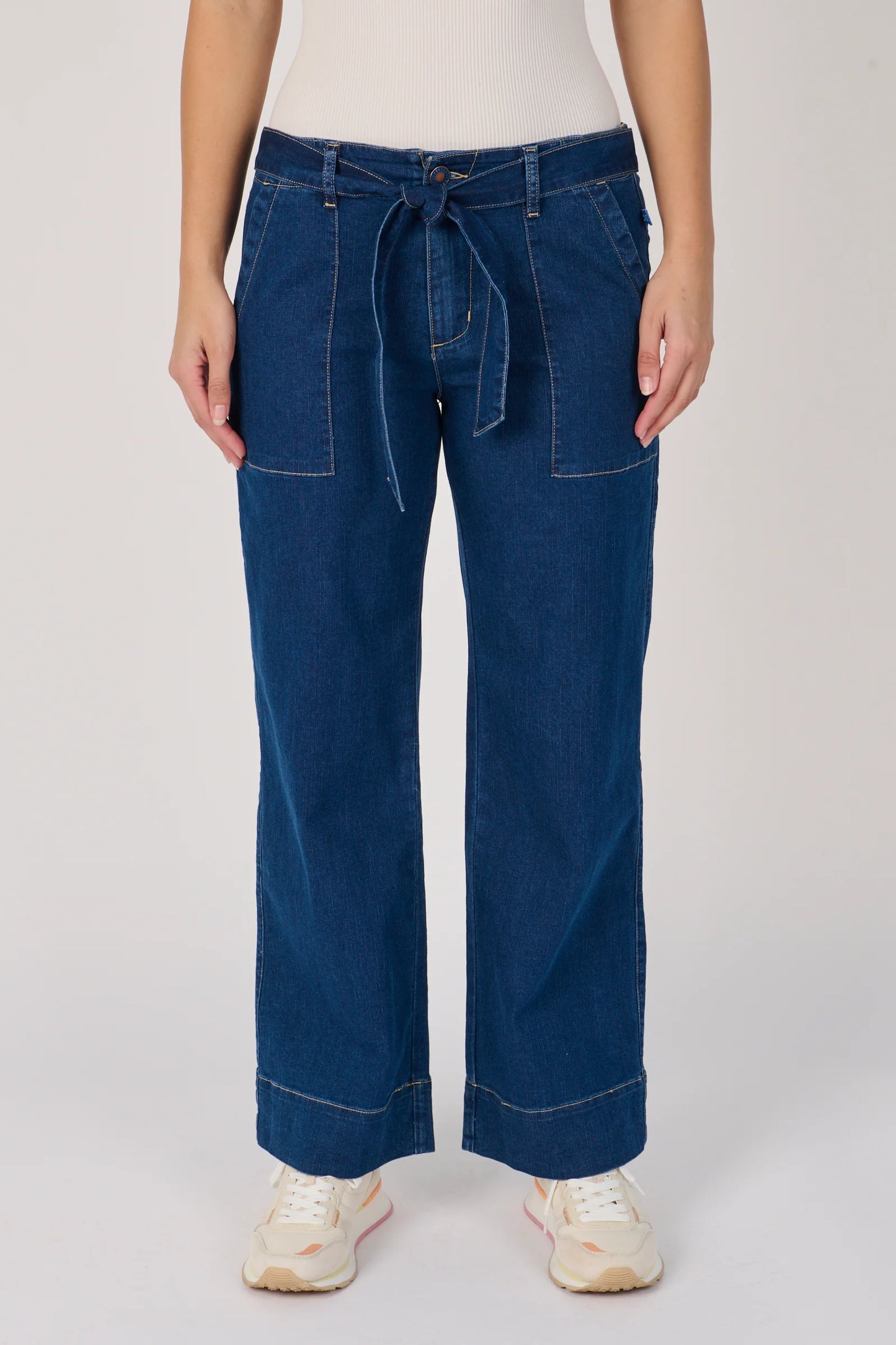 Belt Feature Wide Leg Jeans - Dark Blue