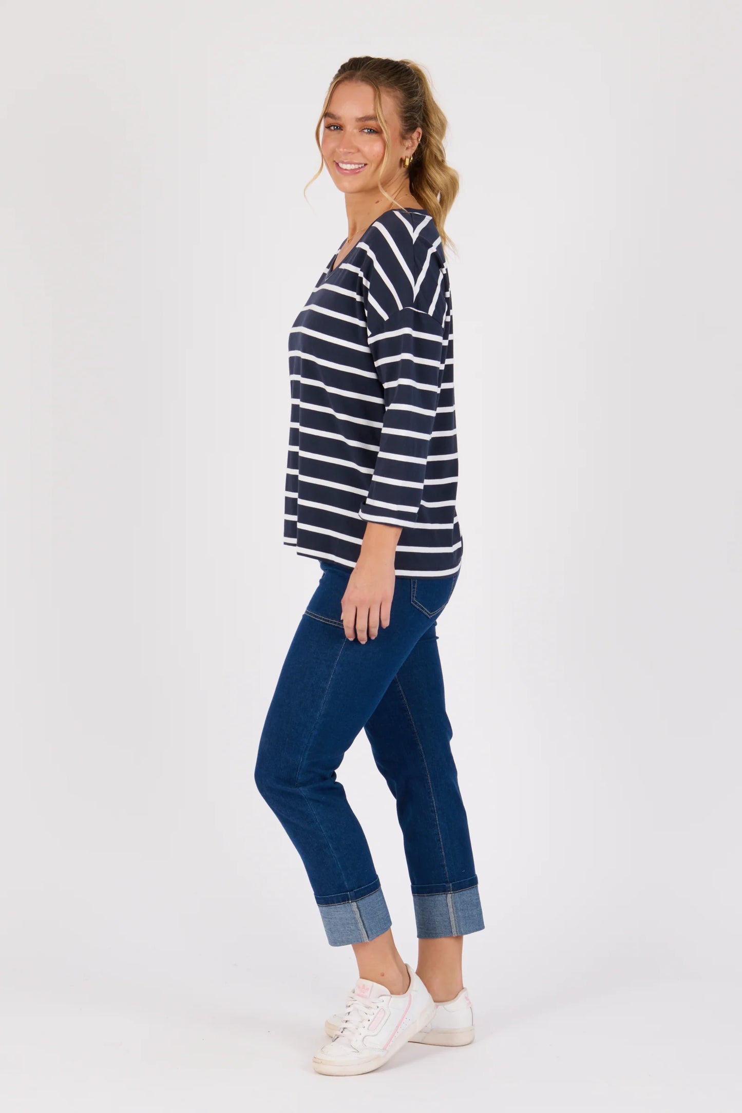 3/4 Sleeve Tee- Blue/White Stripe
