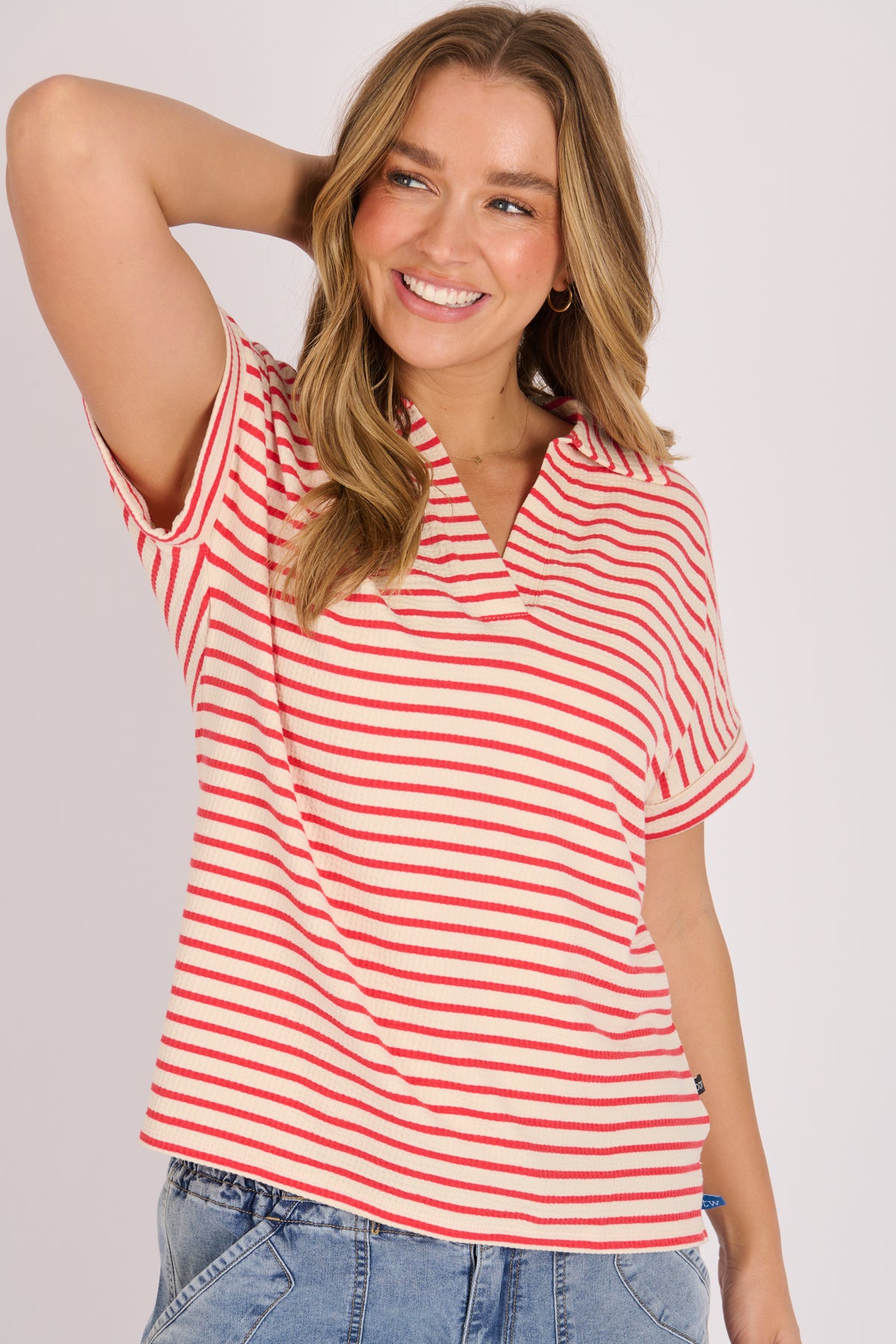 Collared Relaxed Tee - Berry Stripe