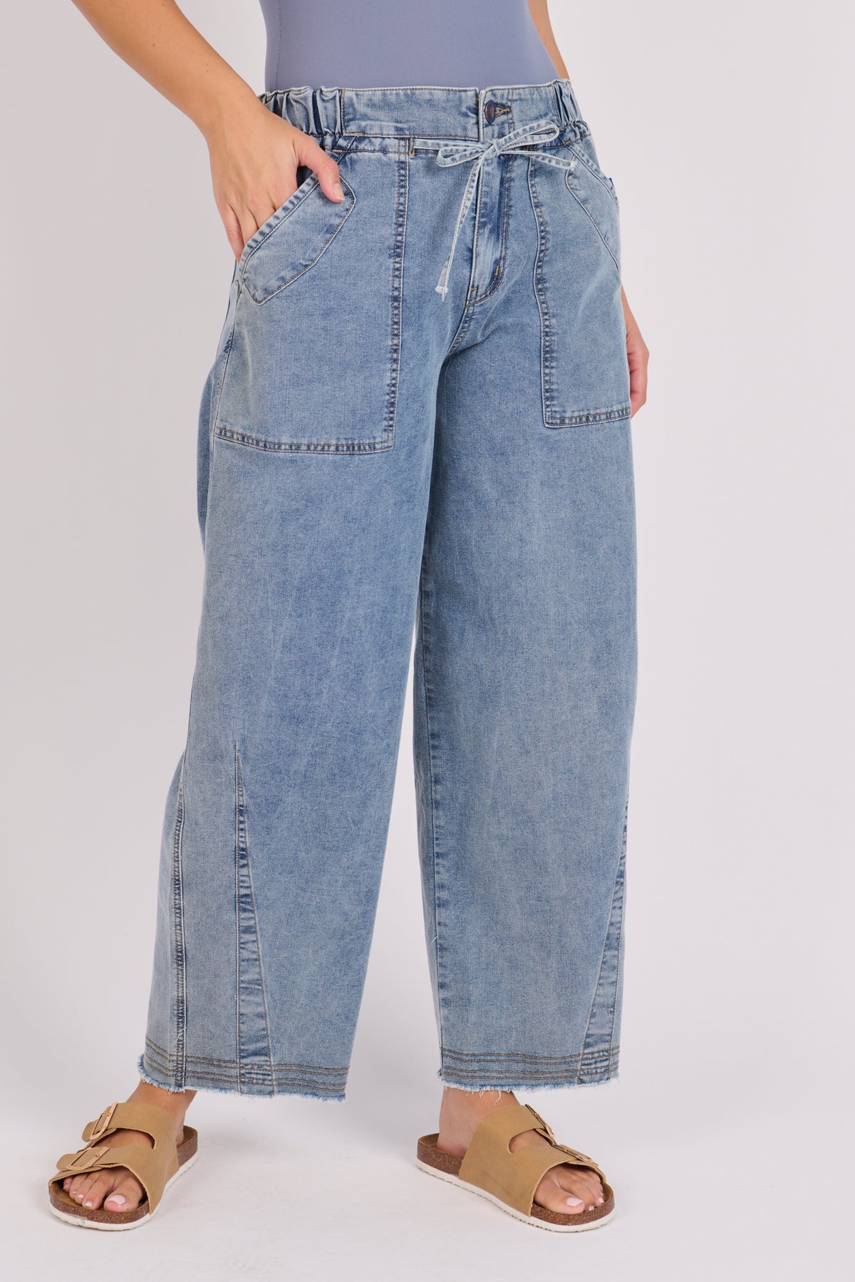 Tie Waist Baggy Jean - Mid Blue