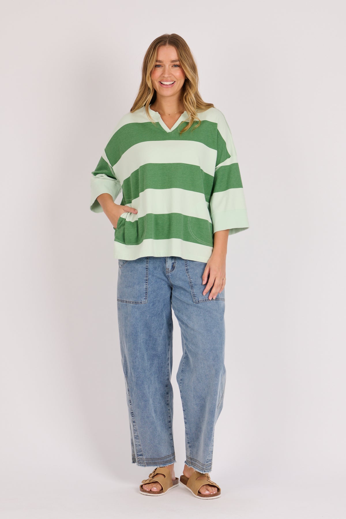 Half Sleeve Pop Over - Green Blue Stripe