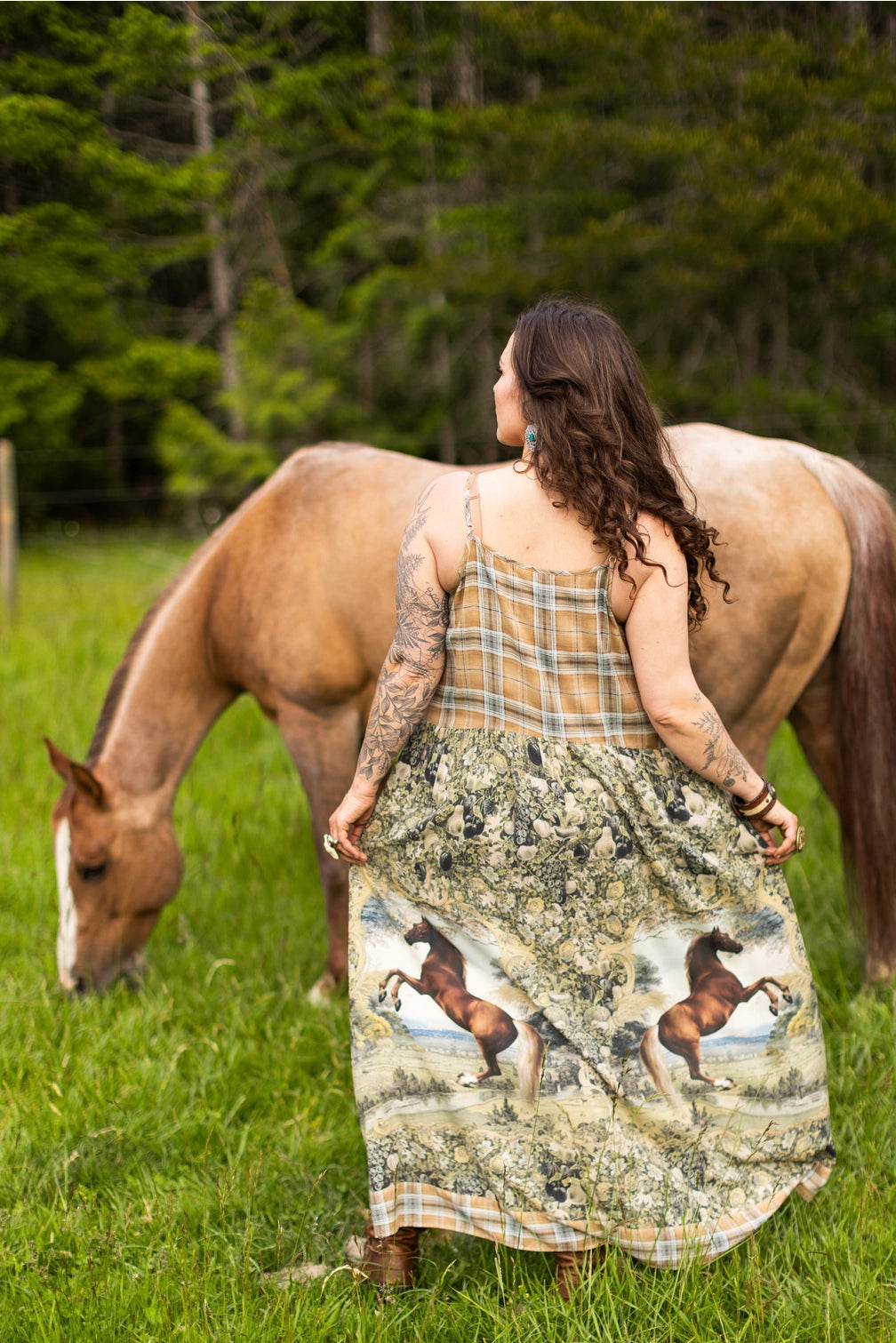 Born To Run Bohéme Long Maxi Slip Dress w/ Horse & Plaid