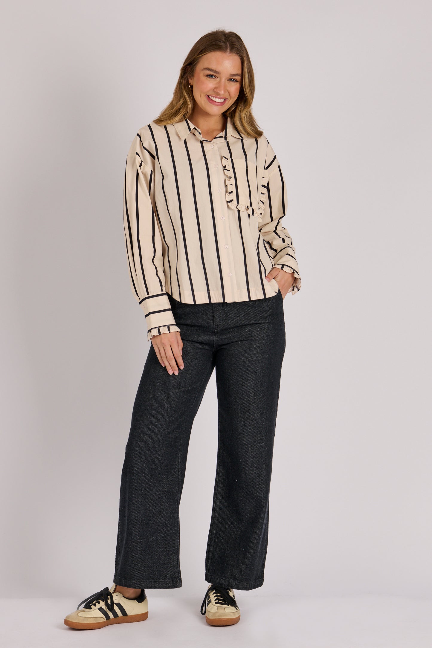 Frill Pocket Stripe Shirt- Ecru/Black