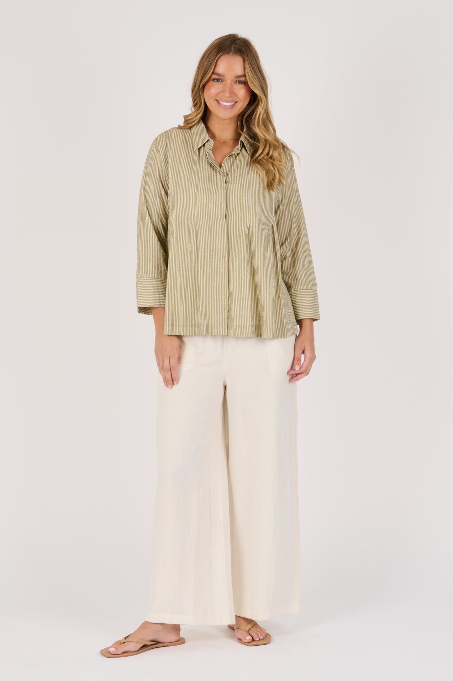 Pleat Detail Shirt - Sage Stripe