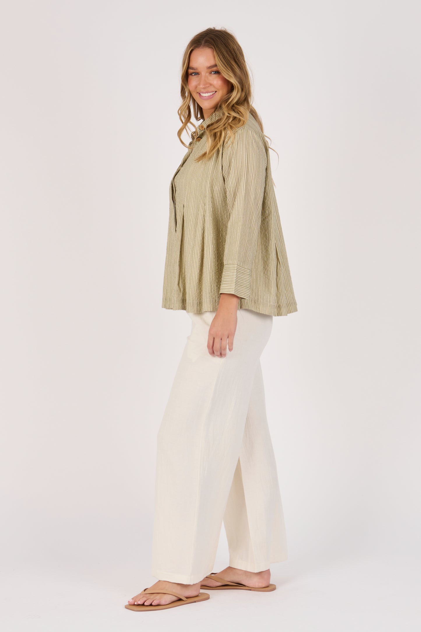 Pleat Detail Shirt - Sage Stripe