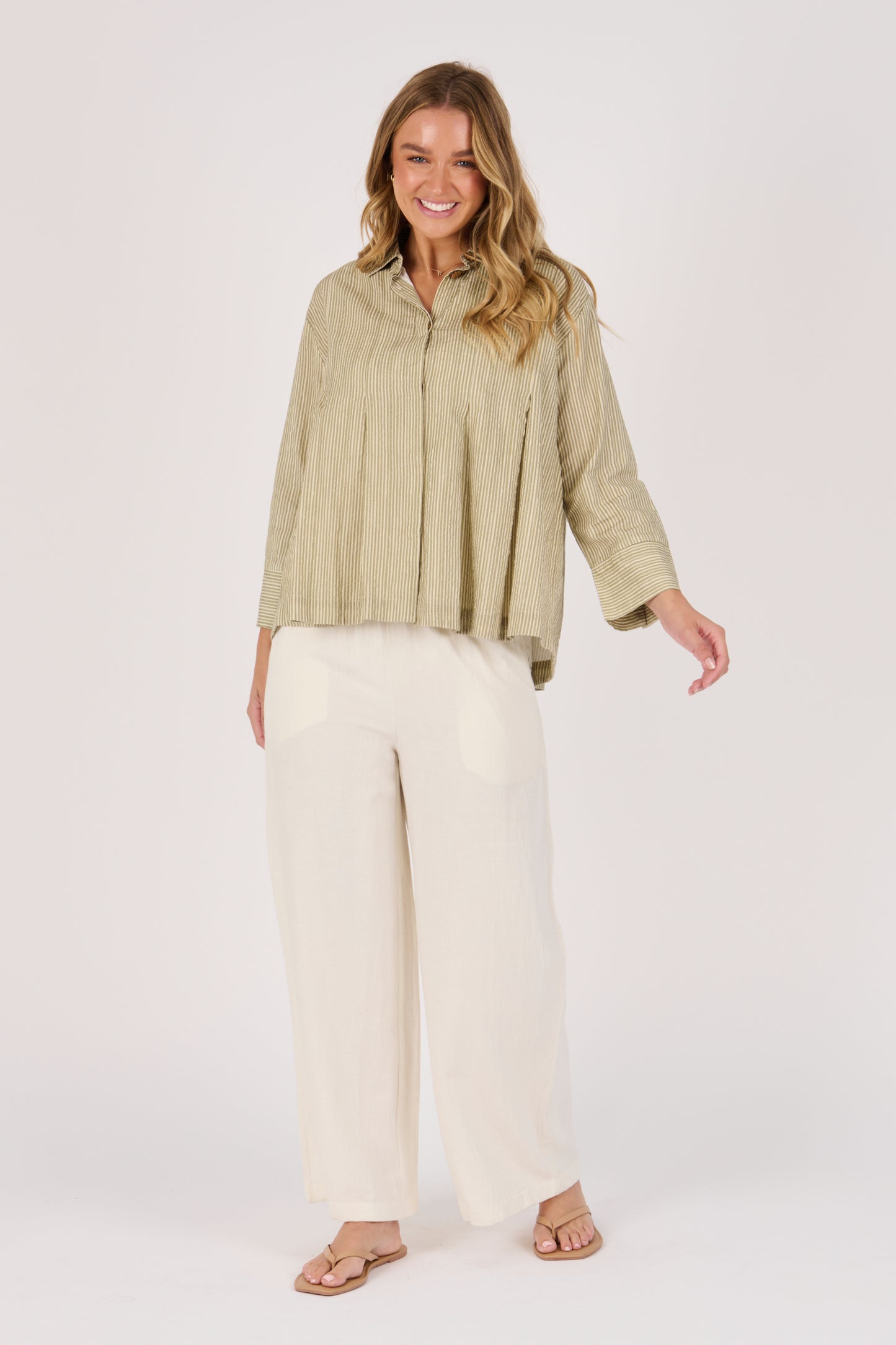Pleat Detail Shirt - Sage Stripe