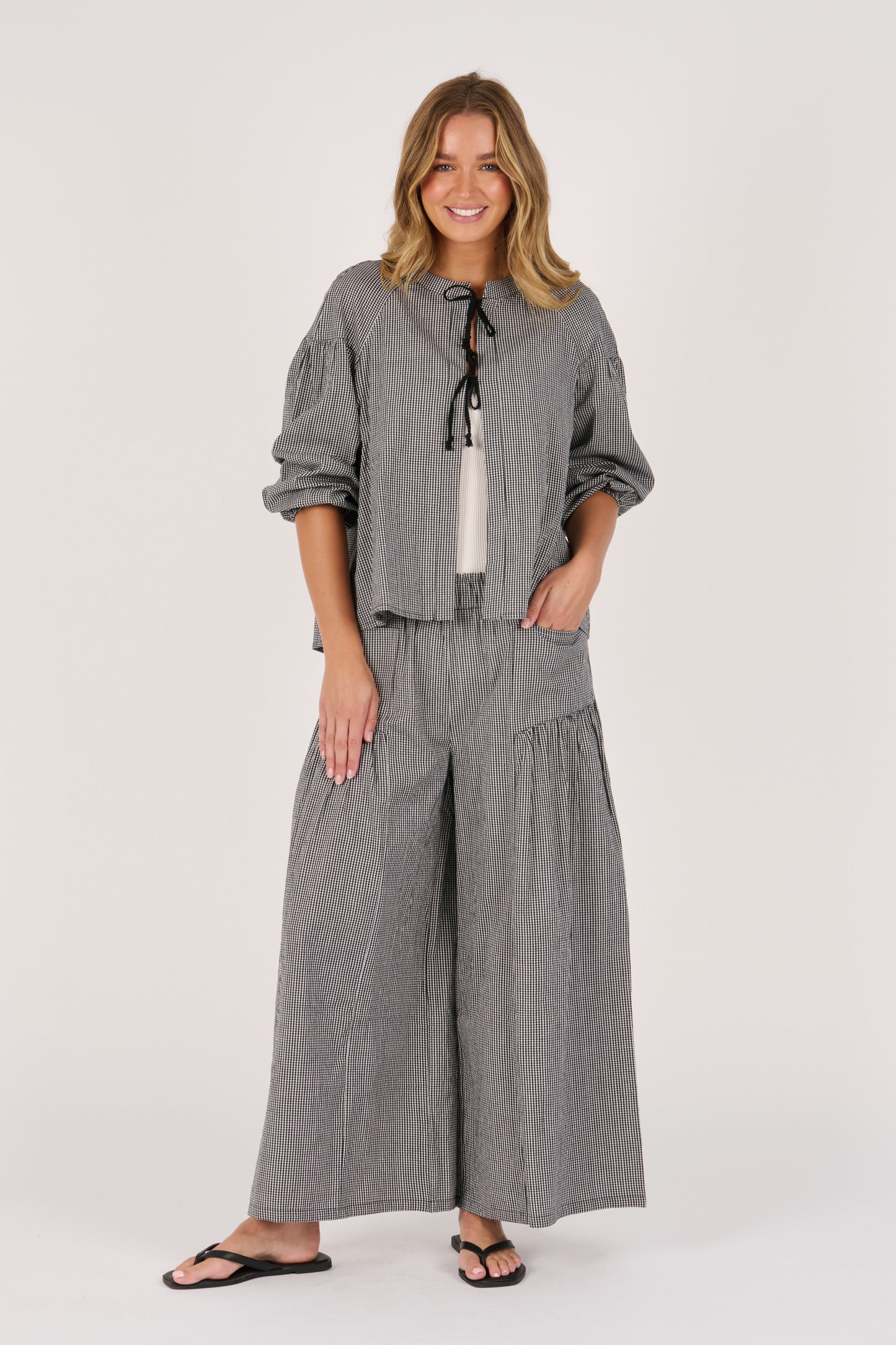 Tie Front Jacket- Black Check
