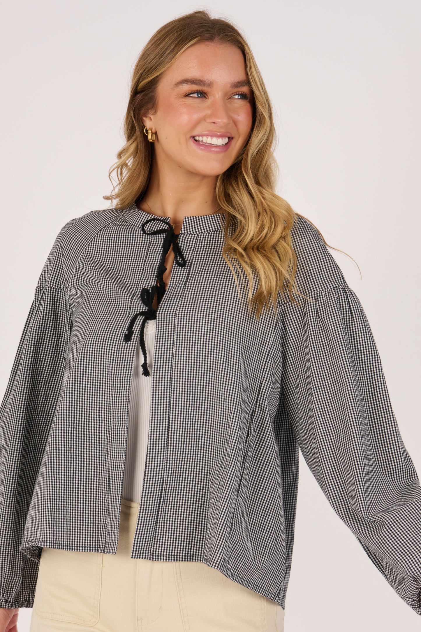 Tie Front Jacket- Black Check