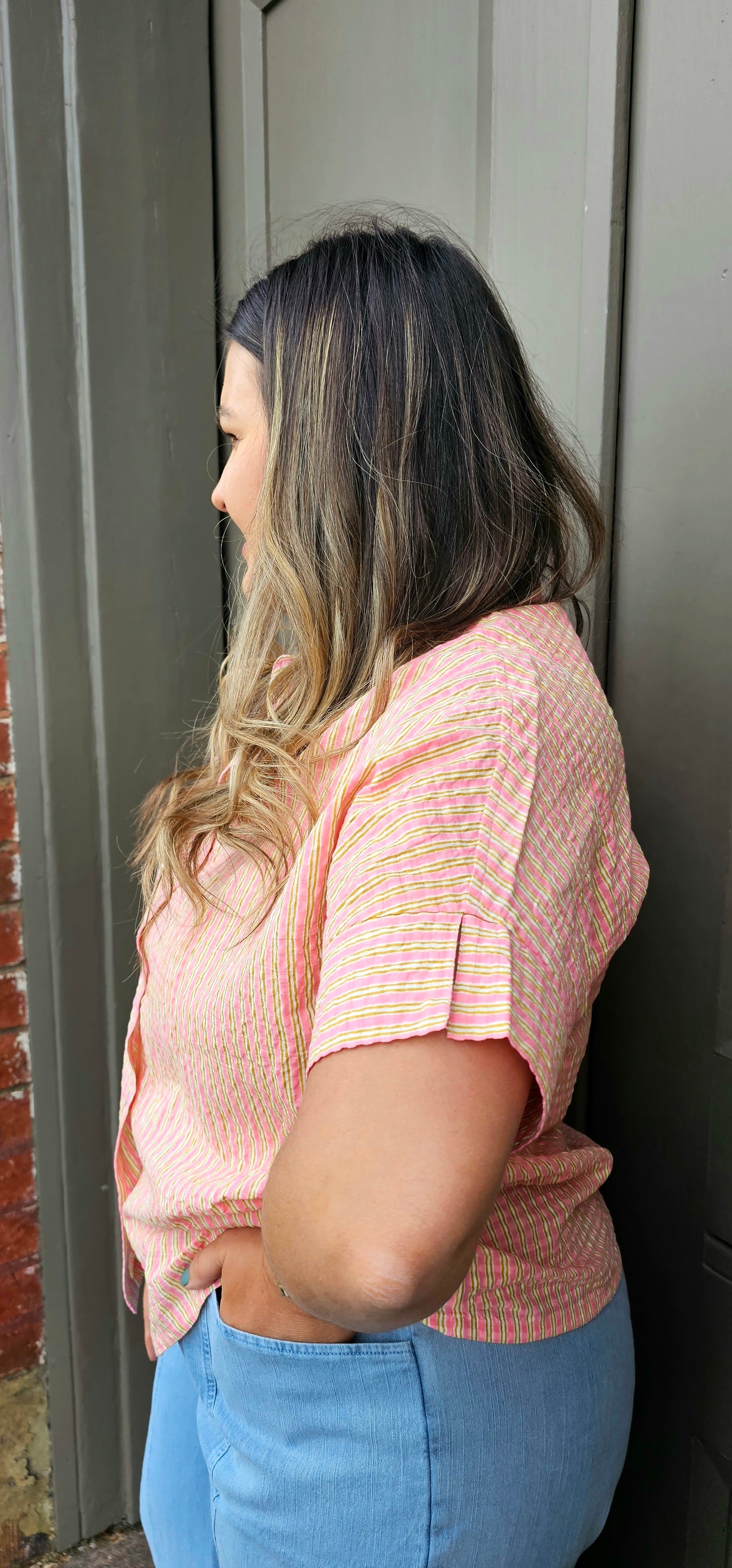 Box Cut Shirt - Pink/Olive Stripe