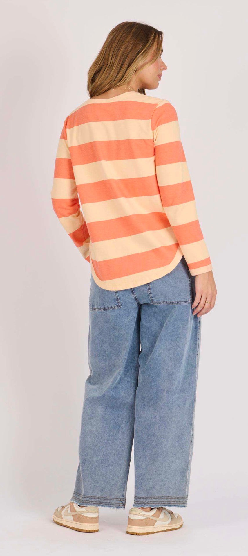 V Neck Long Sleeve Tee - Coral Stripe