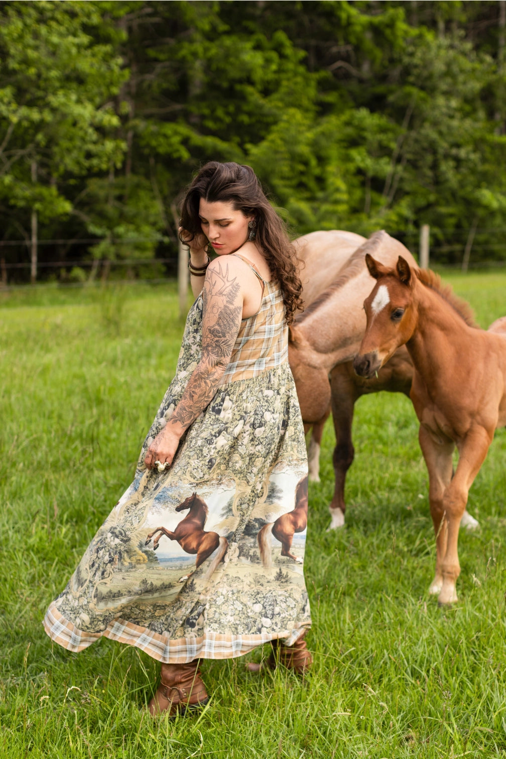 Born To Run Bohéme Long Maxi Slip Dress w/ Horse & Plaid
