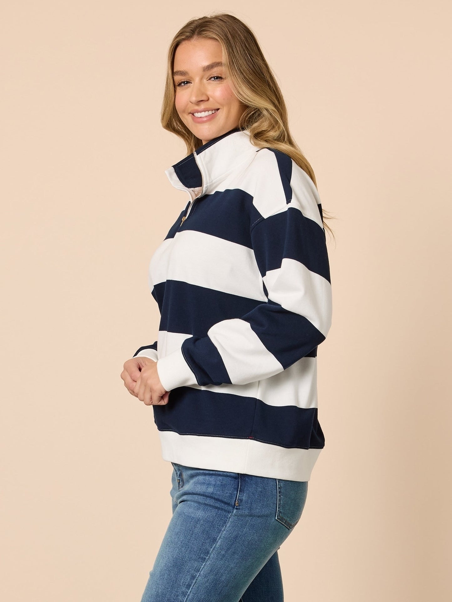 Varsity Stripe Print Zip Sweatshirt - Navy/Ivory