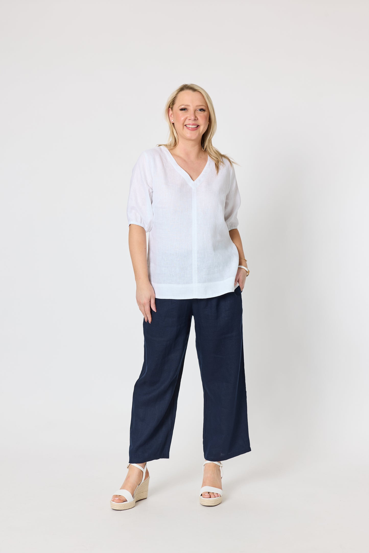 Anna V-Neck Linen Top - White