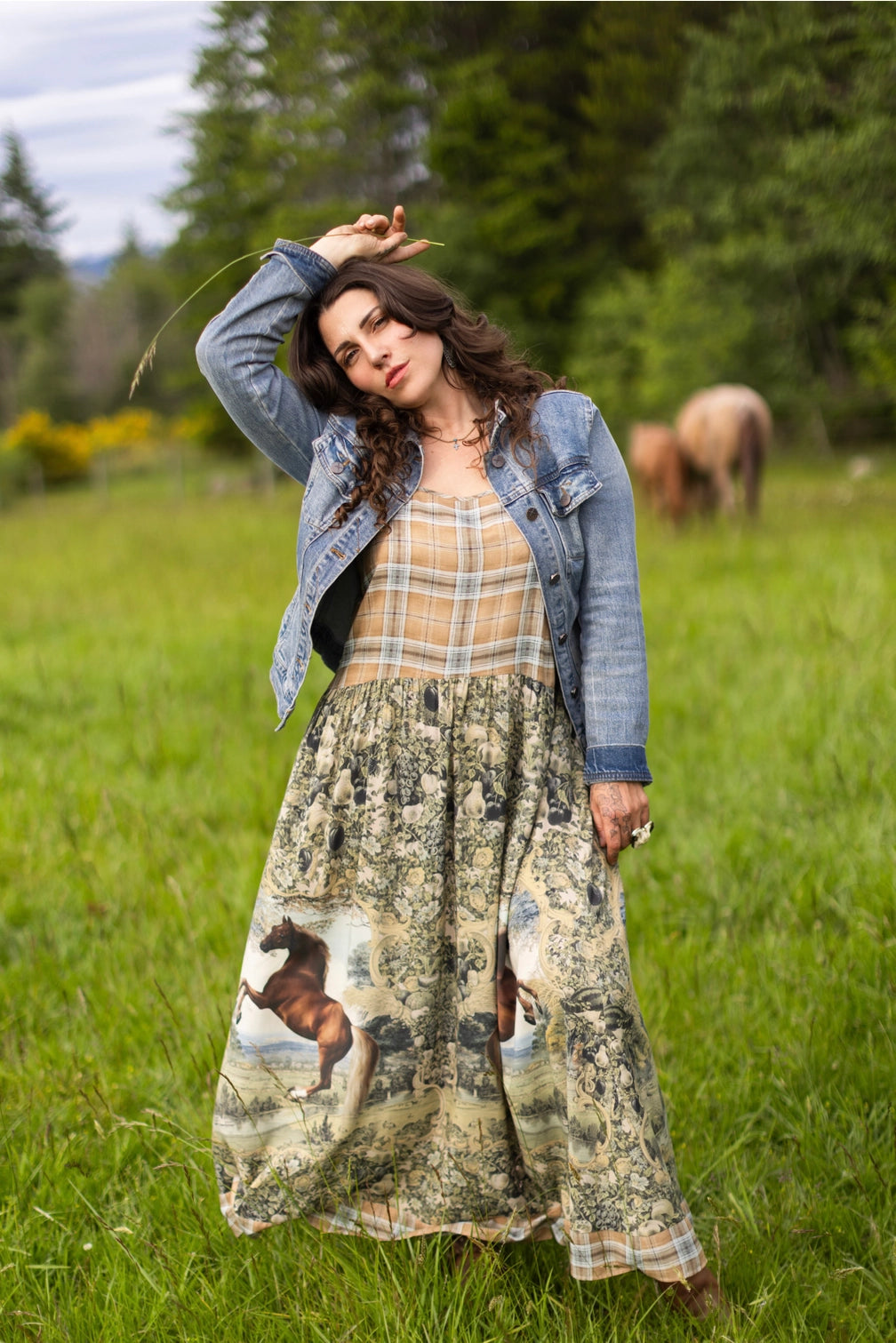 Born To Run Bohéme Long Maxi Slip Dress w/ Horse & Plaid
