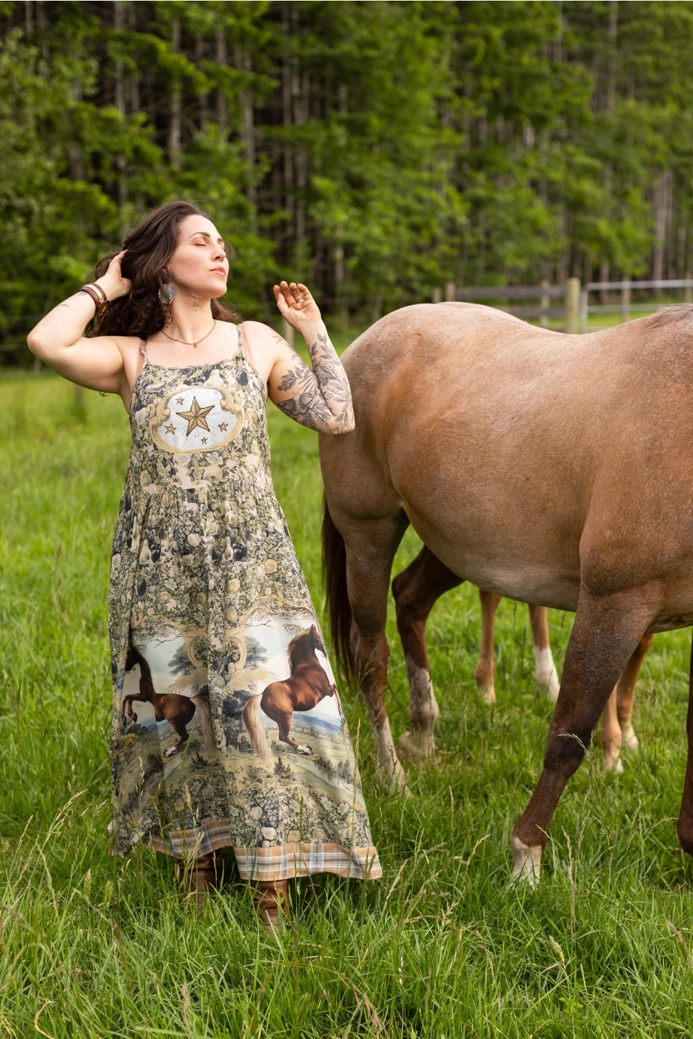 Born To Run Bohéme Long Maxi Slip Dress w/ Horse & Plaid
