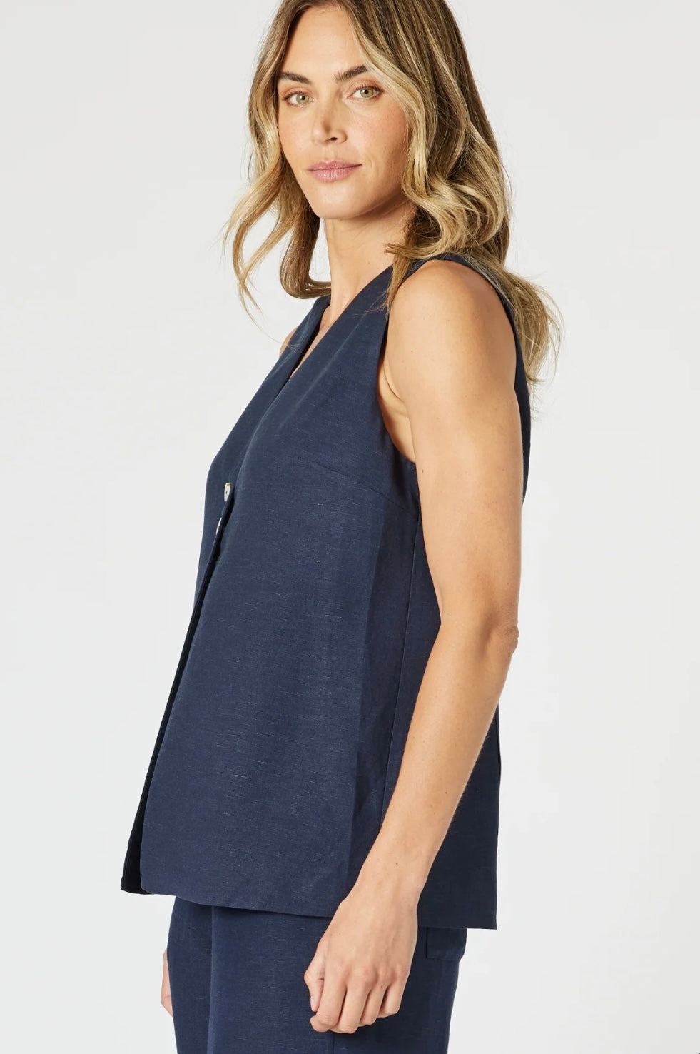 Lino Long Vest- Navy