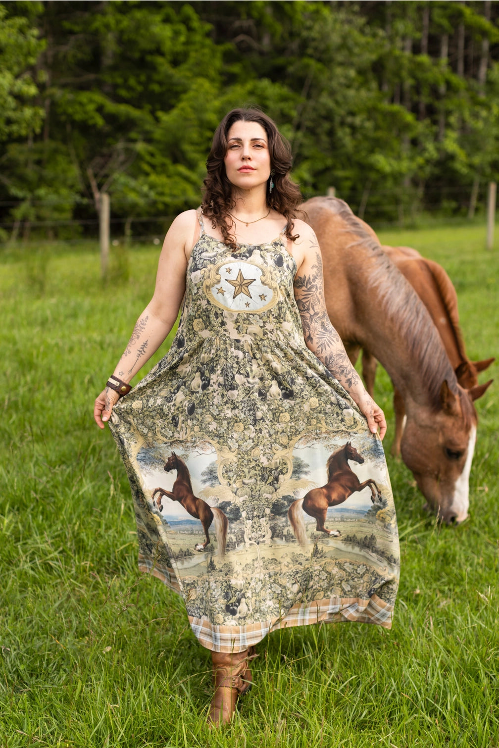 Born To Run Bohéme Long Maxi Slip Dress w/ Horse & Plaid