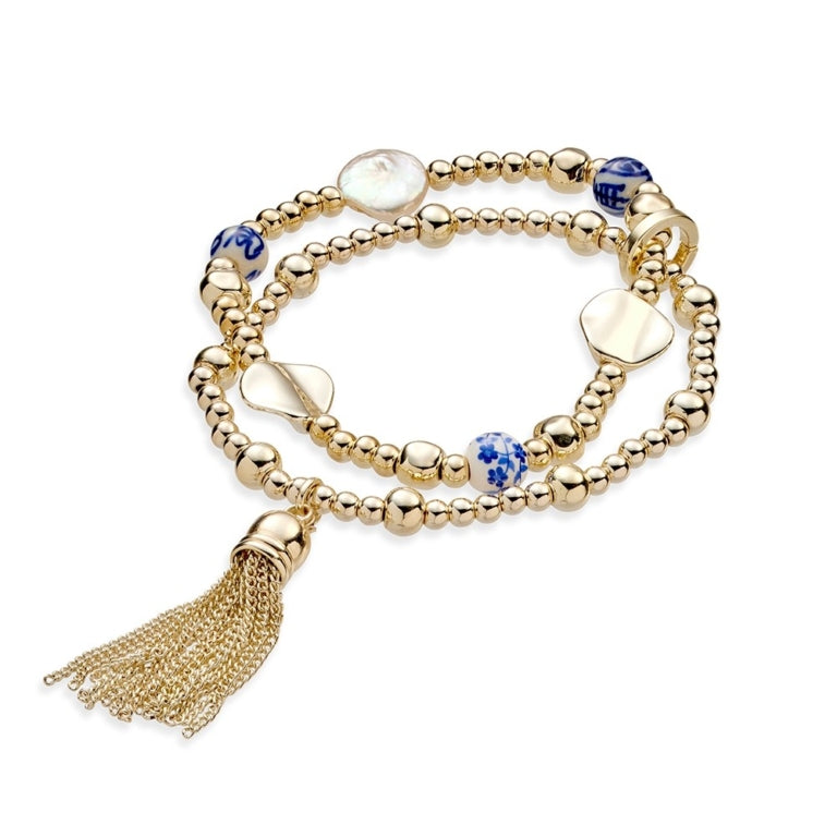 Allure Beaded Elastic Bracelet with Tassel - Gold