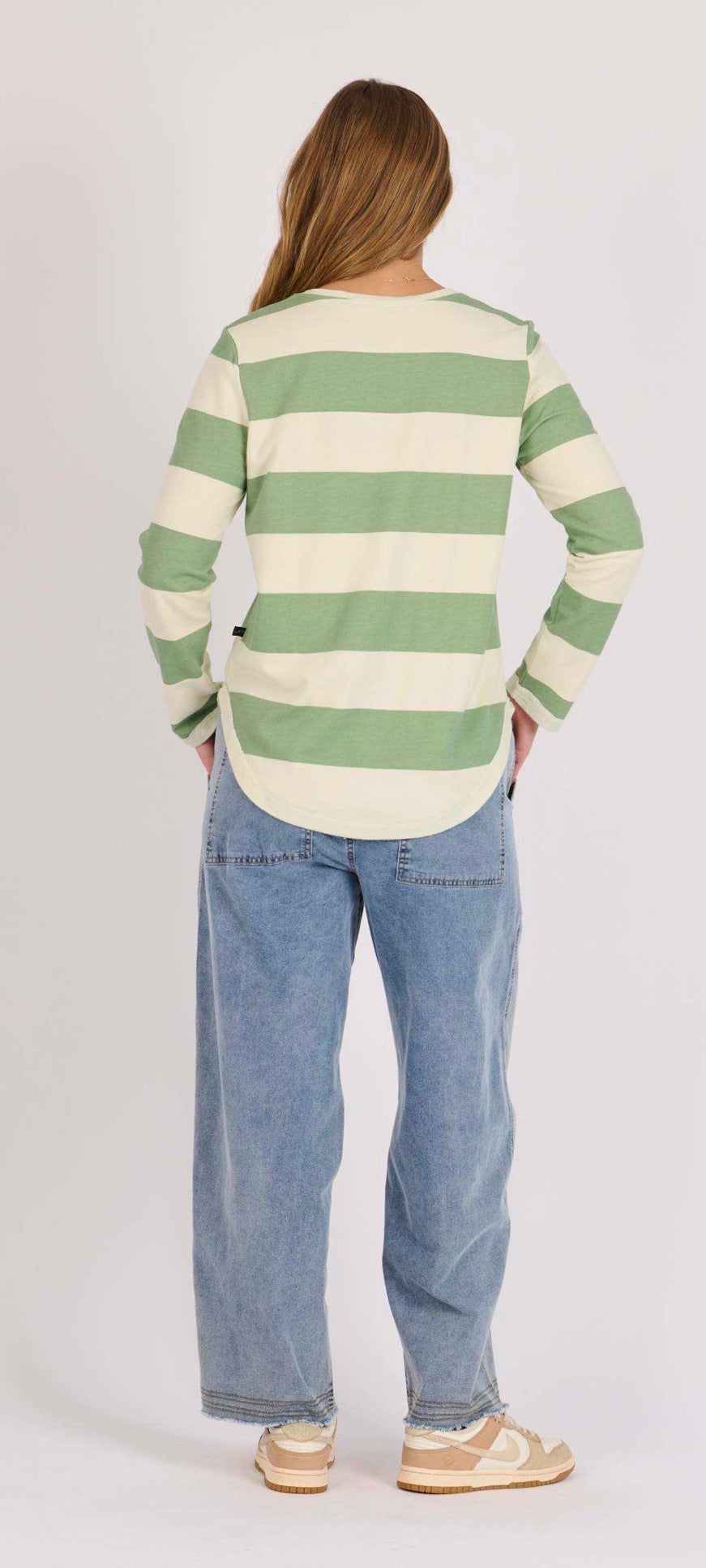 V Neck Long Sleeve Tee - Green Stripe