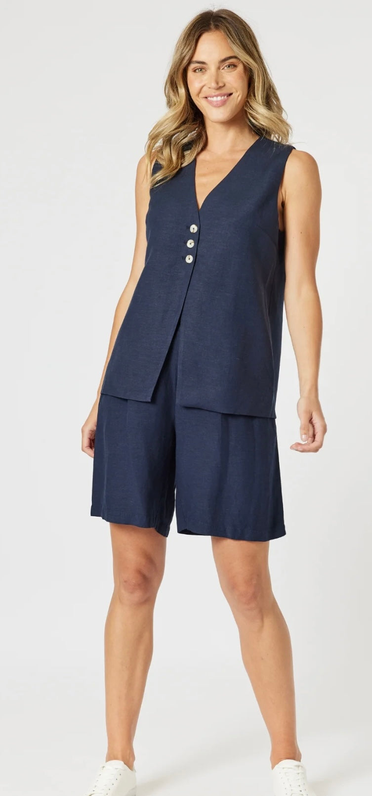 Lino Long Vest- Navy