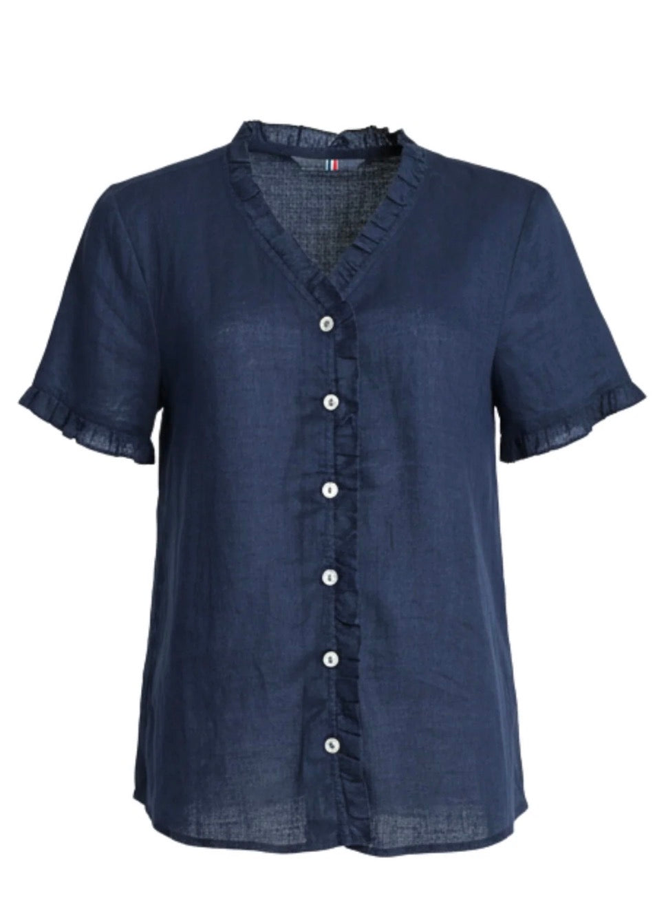 Audrey Ruffle Linen Top - Navy