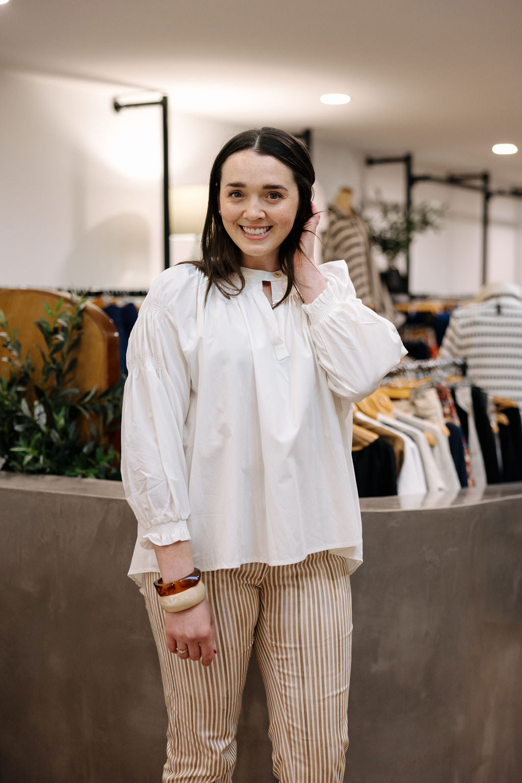 Smocked Neck Cotton Blouse - White