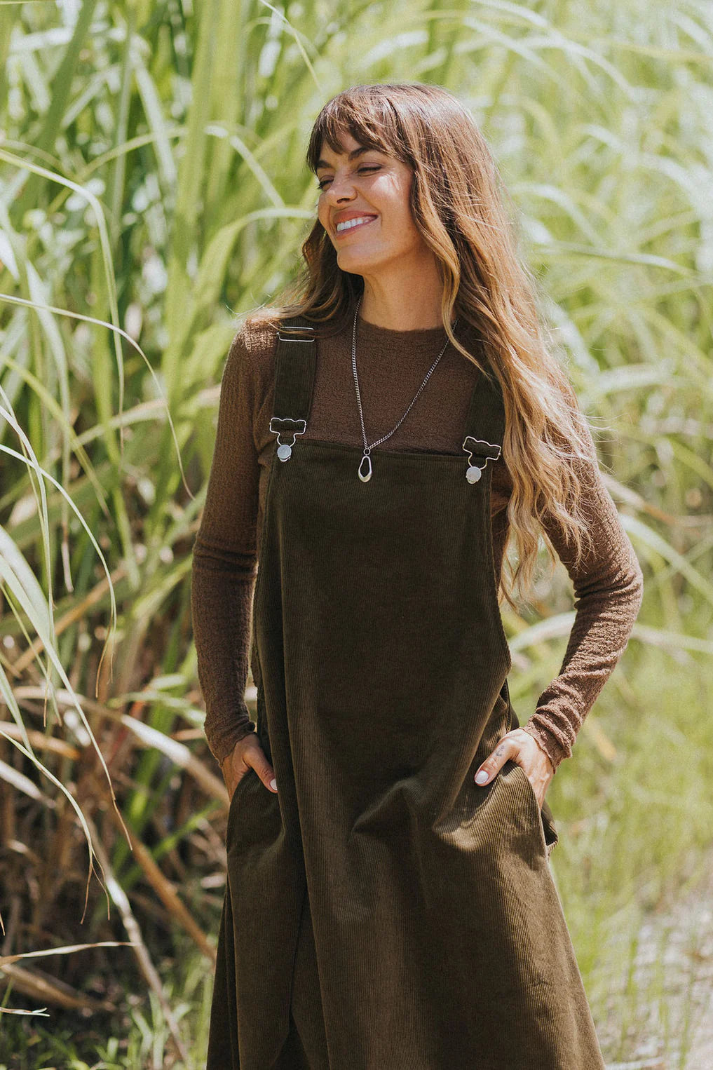 Corduroy Midi Overall Dress- Dark green