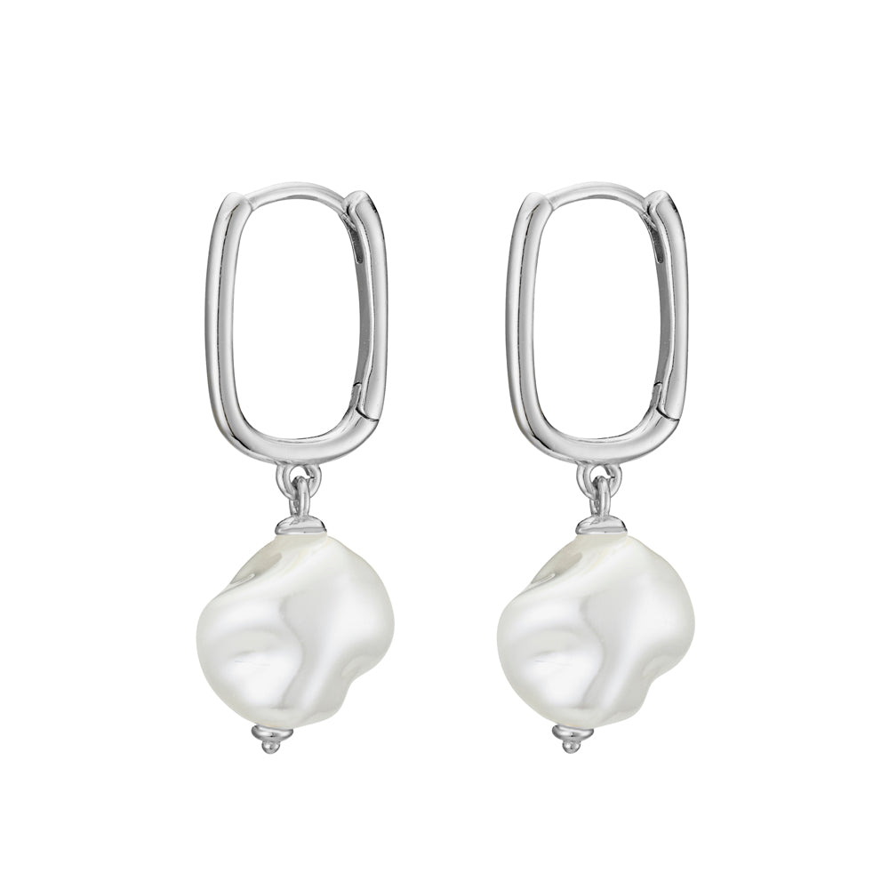 Pearl Drop Earrings & Oblong Hoop / Silver