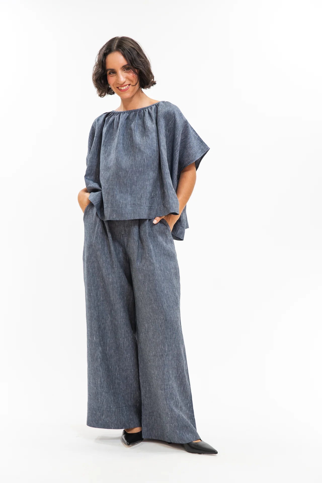 Poppy Top- Navy Pinstripe