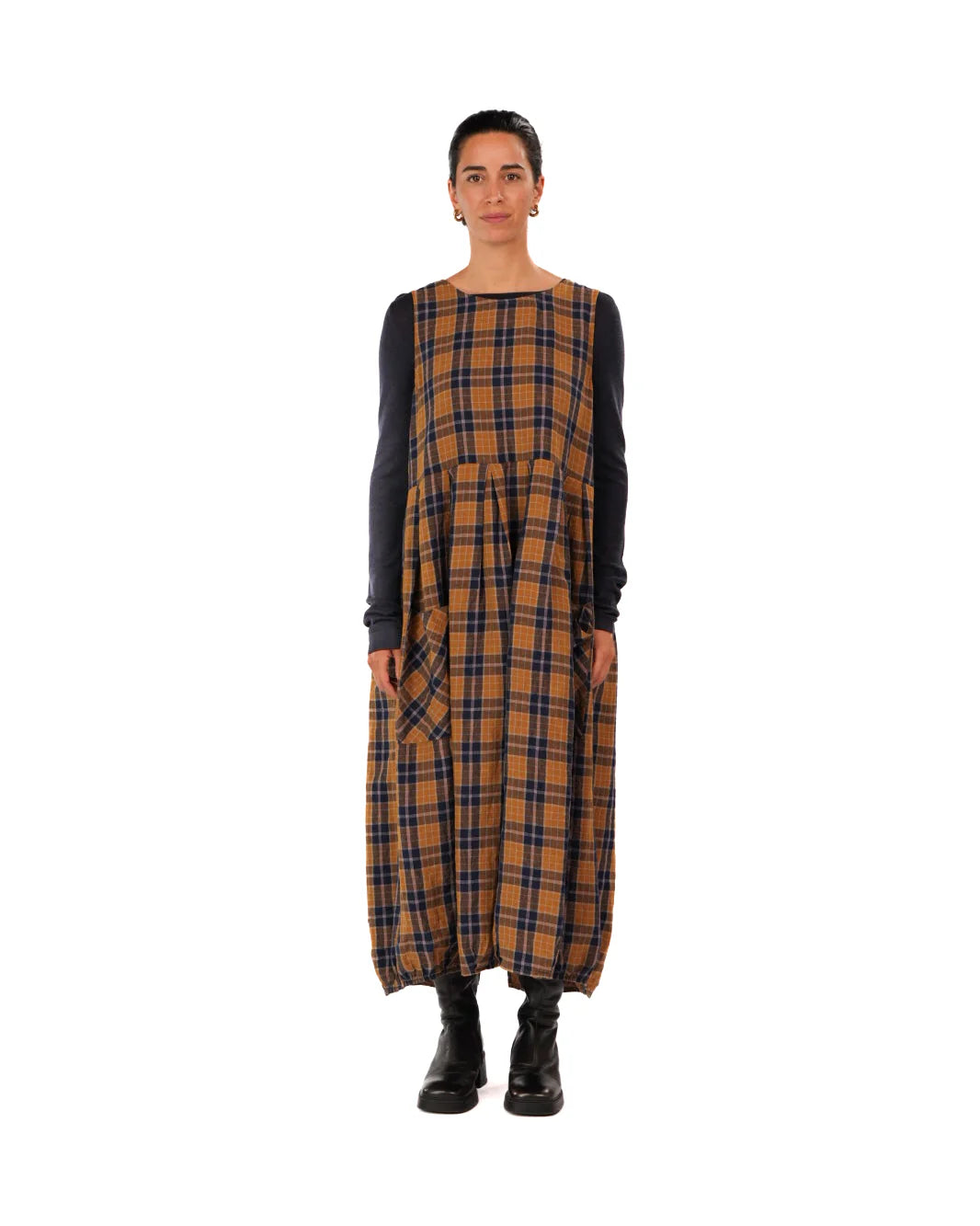 French Linen Dress - Blue Tweed Check