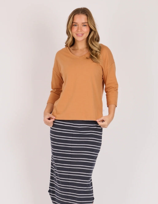 V Neck Cuff Sleeve Top - Light Brown