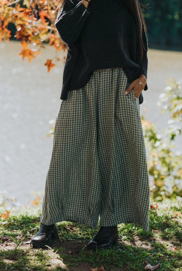 Eadie Gingham Linen Pants - Sage