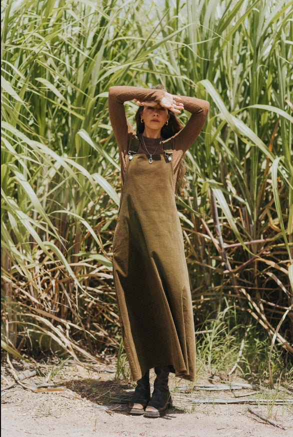 Corduroy Midi Overall Dress- Olive