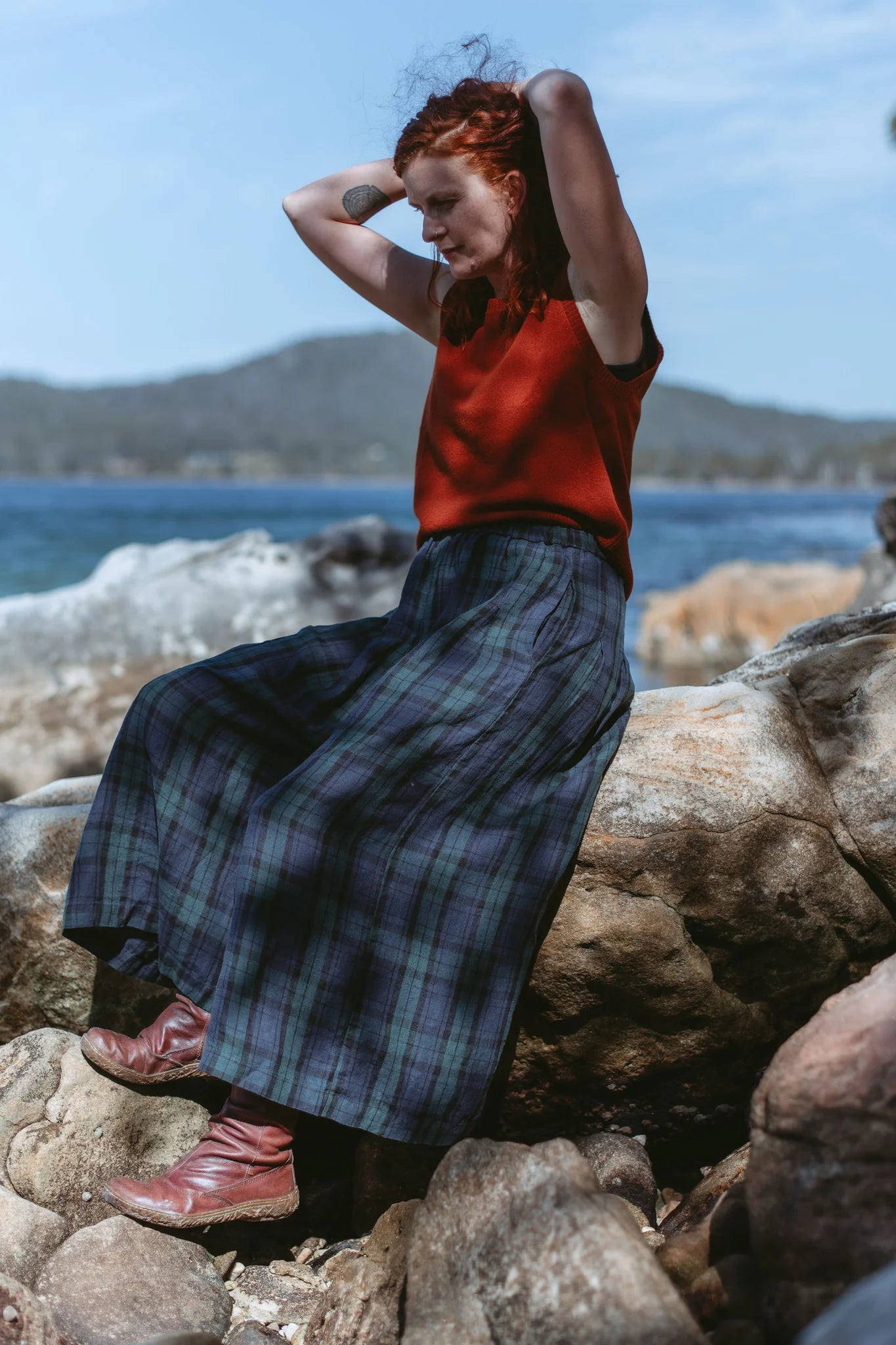 Freya French Linen Pants- Blue Tartan