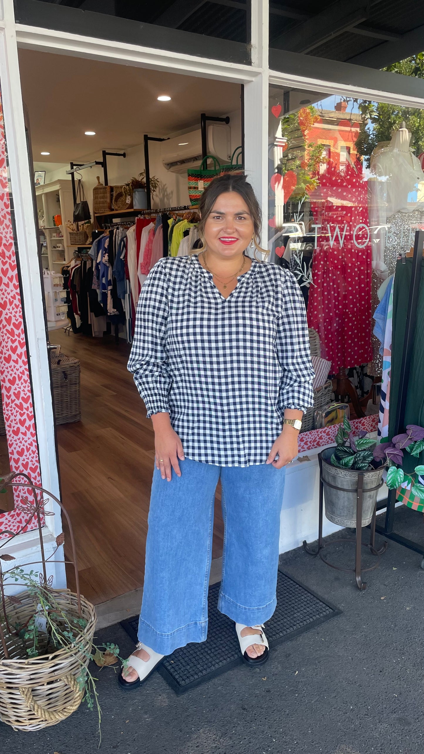 Gingham Check Print Top - Navy/Ivory