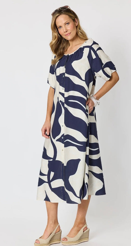 Bay Leaf Print Midi Dress - Navy