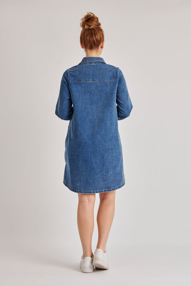 Shirred Yoke Detail Dress - Mid Blue
