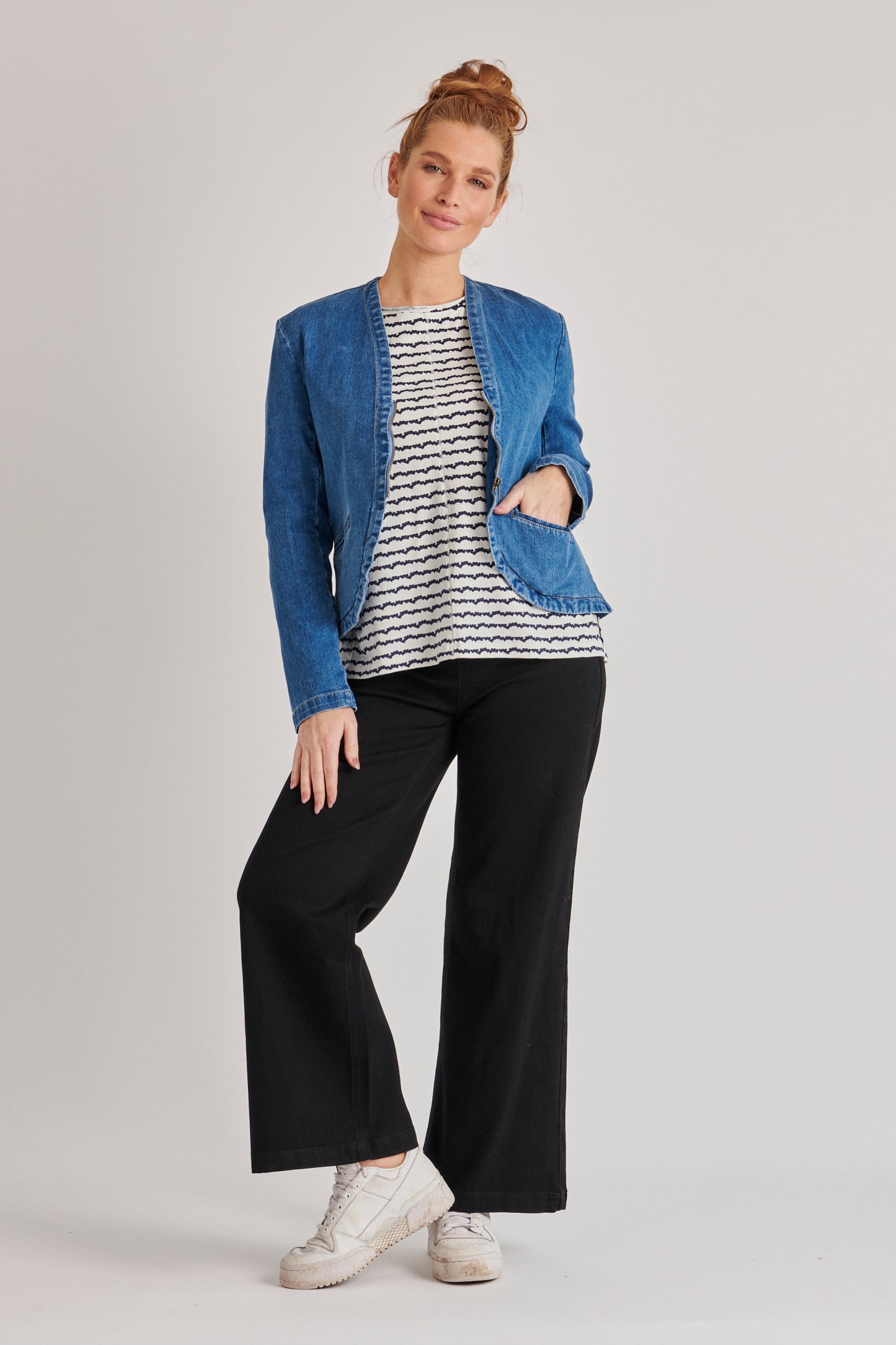 Denim Scoop Hem Blazer - Mid Blue