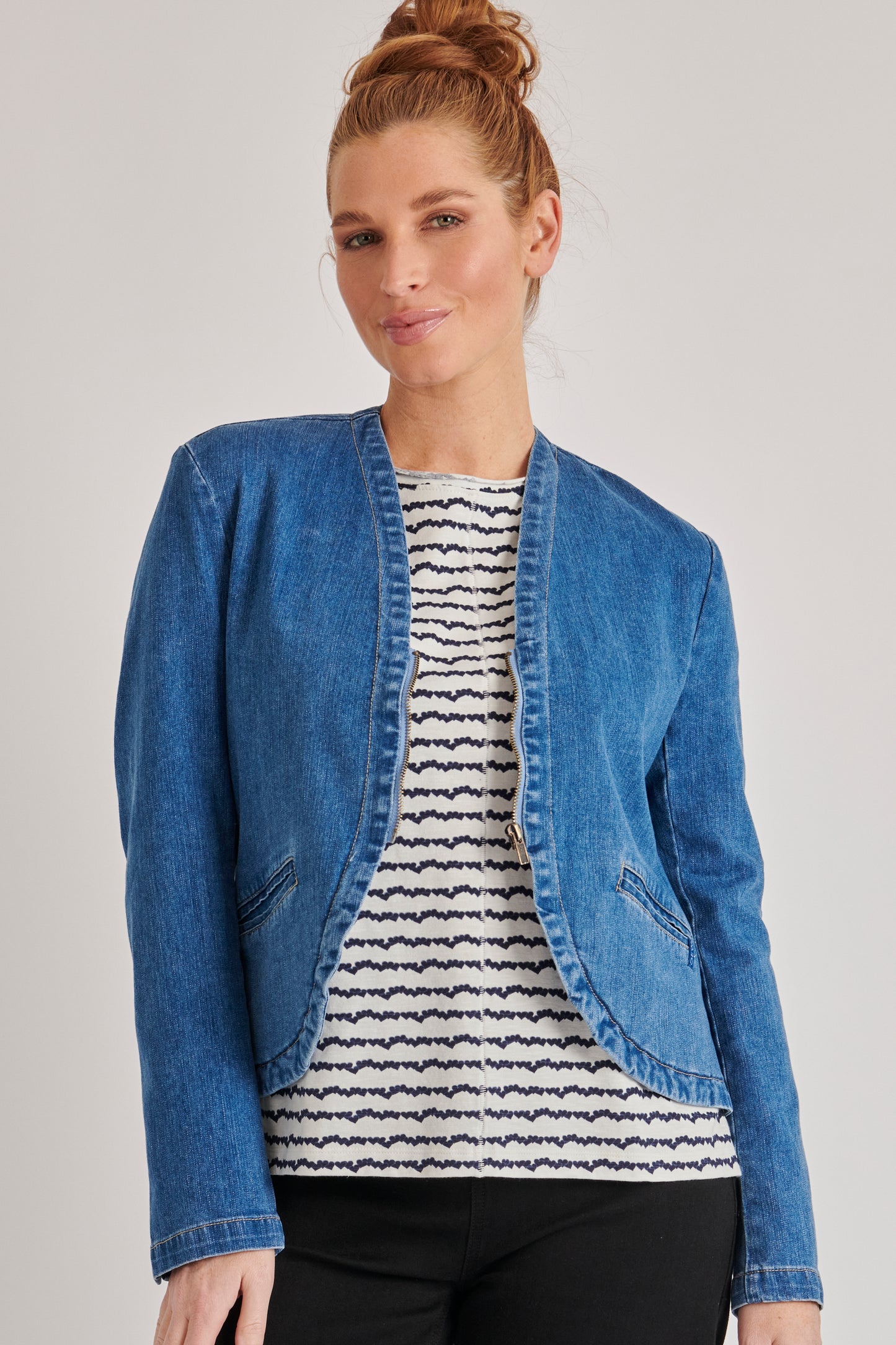 Denim Scoop Hem Blazer - Mid Blue