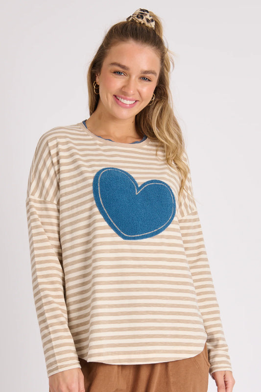 Heart Relaxed Tee - Beige Stripe