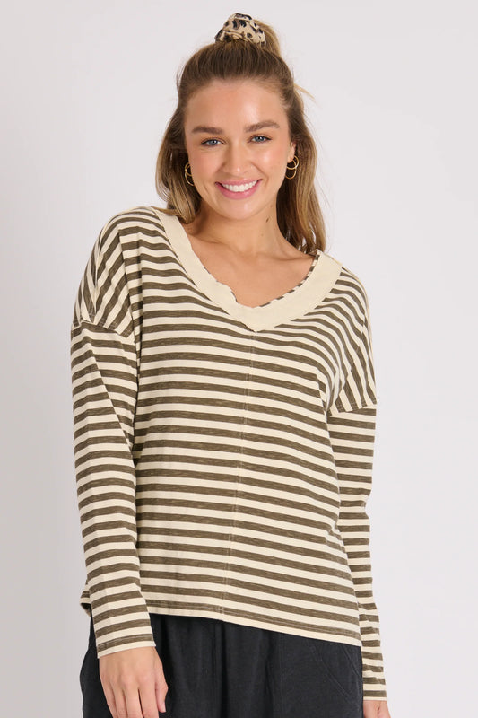 V Neck Olive Stripe Tee