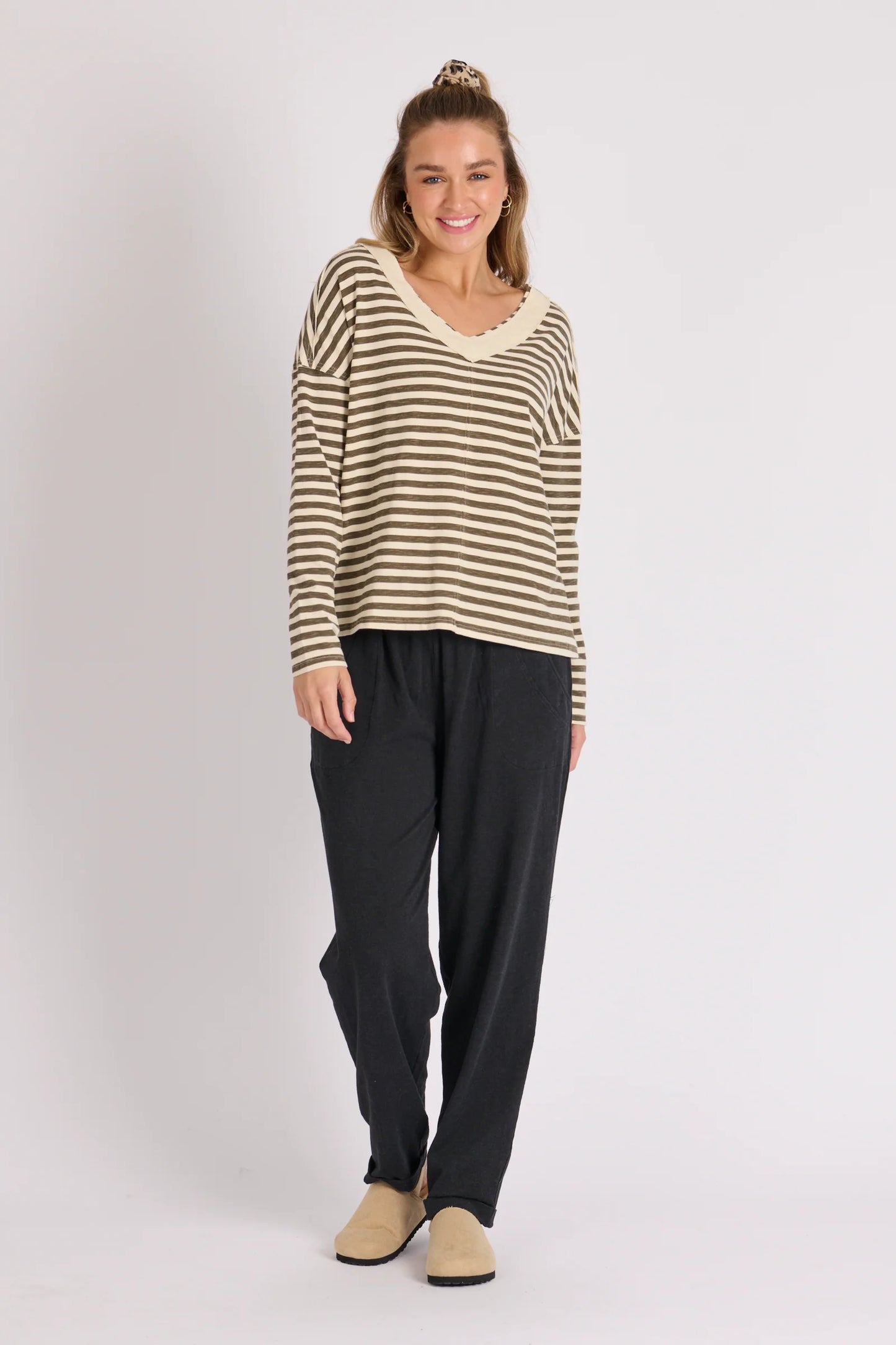 V Neck Olive Stripe Tee