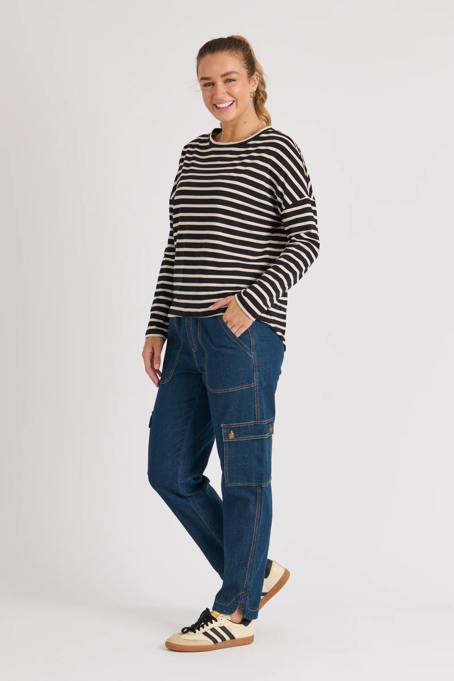 Back Drop Long Sleeve Tee - Beige Stripe