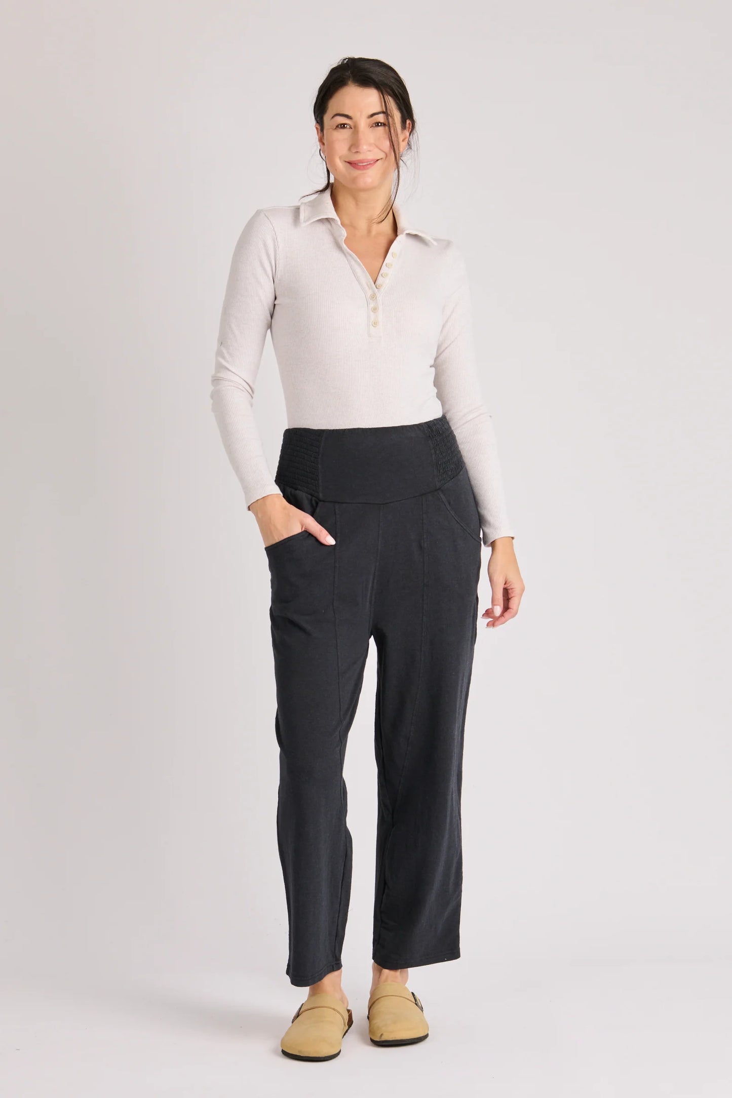 Shirred Waist Pant- Washed Black