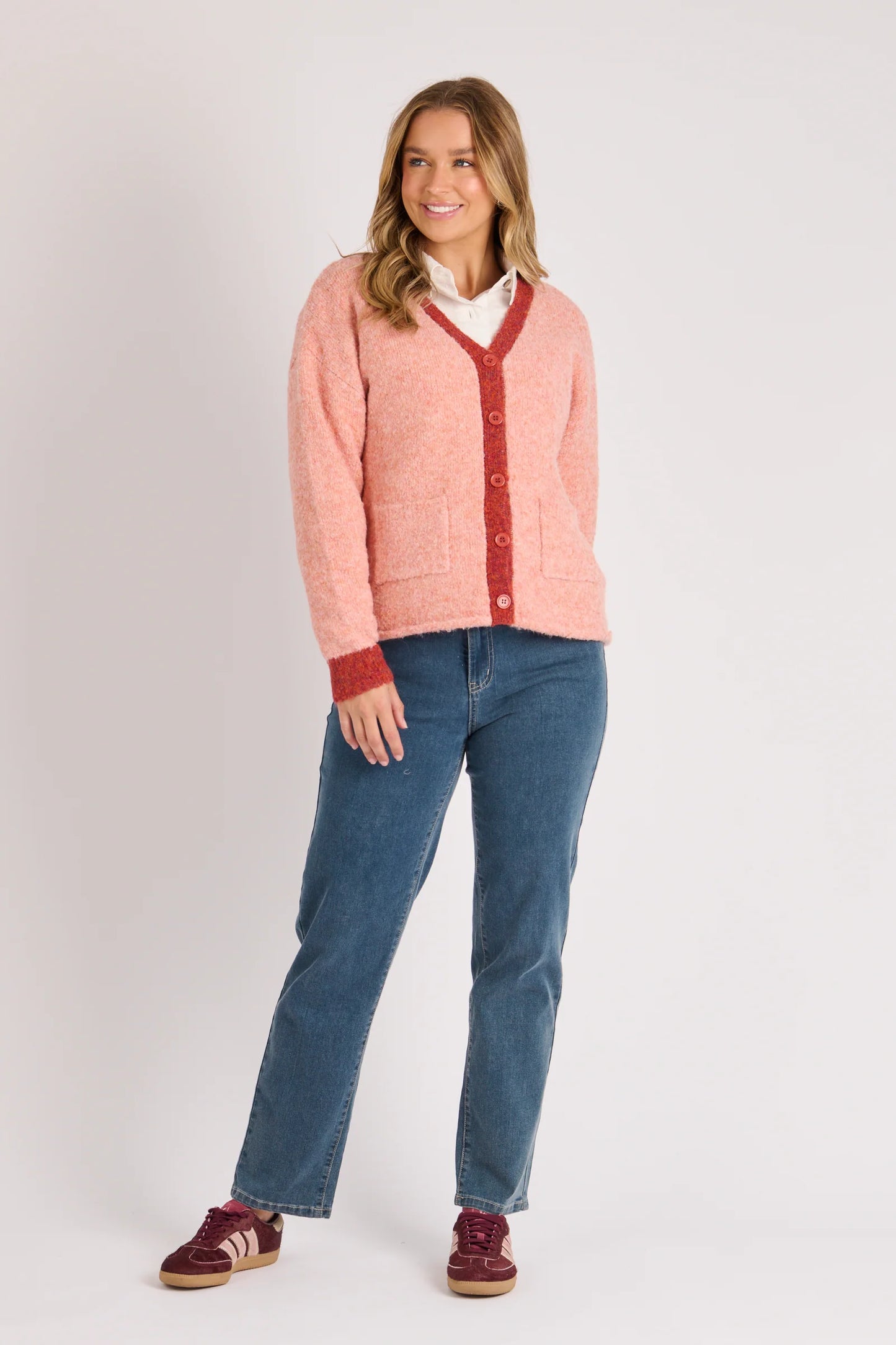 V Neck Cardigan - Cherry