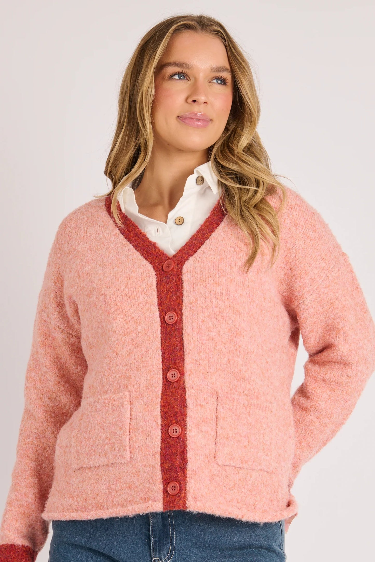 V Neck Cardigan - Cherry