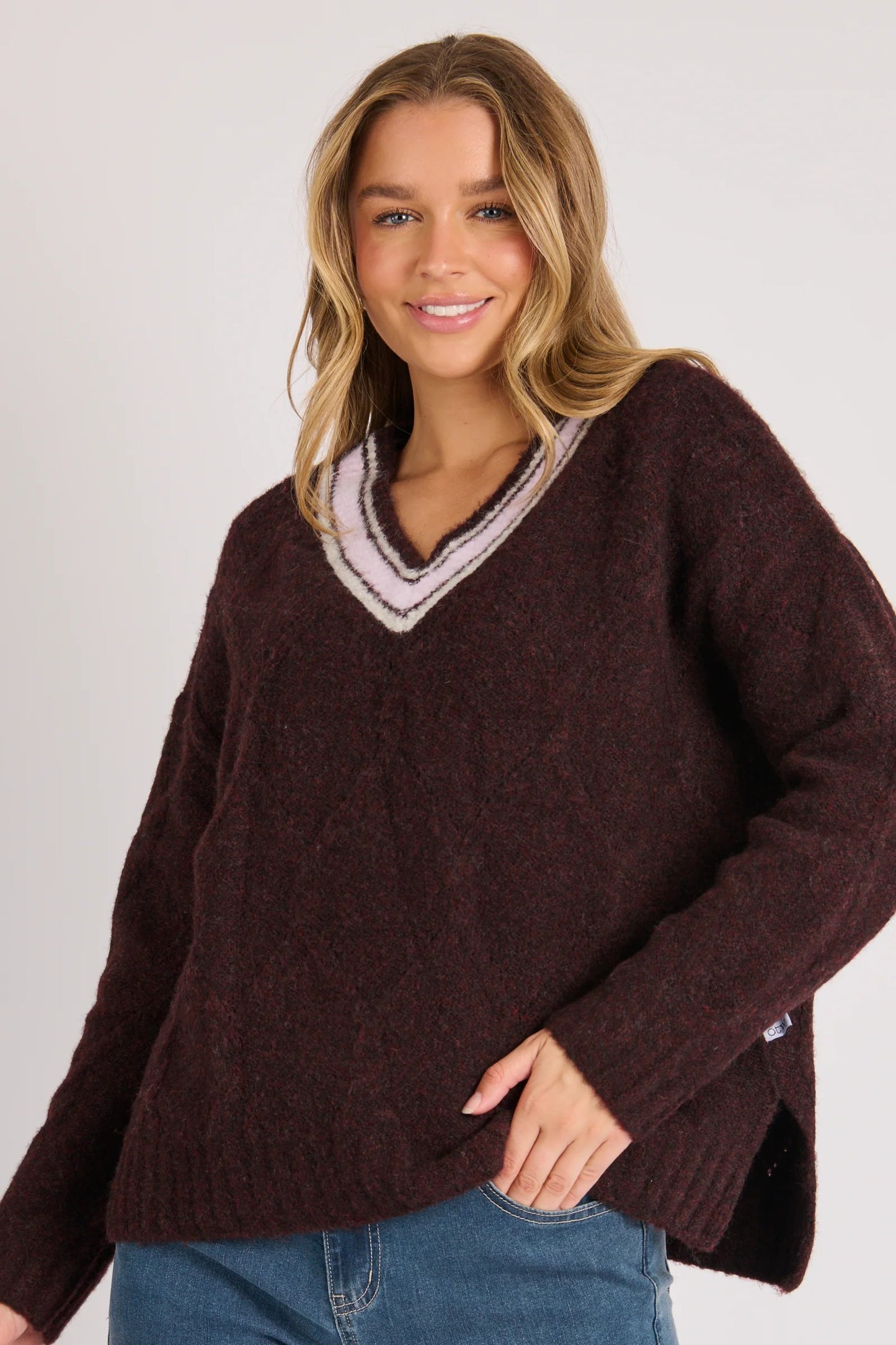 V Neck Detail Jumper - Dark Cherry