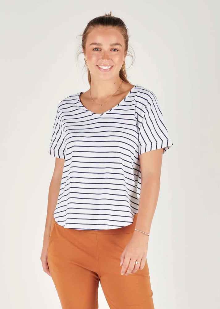 Valerie Curve Hem Tee - White & Navy Stripe