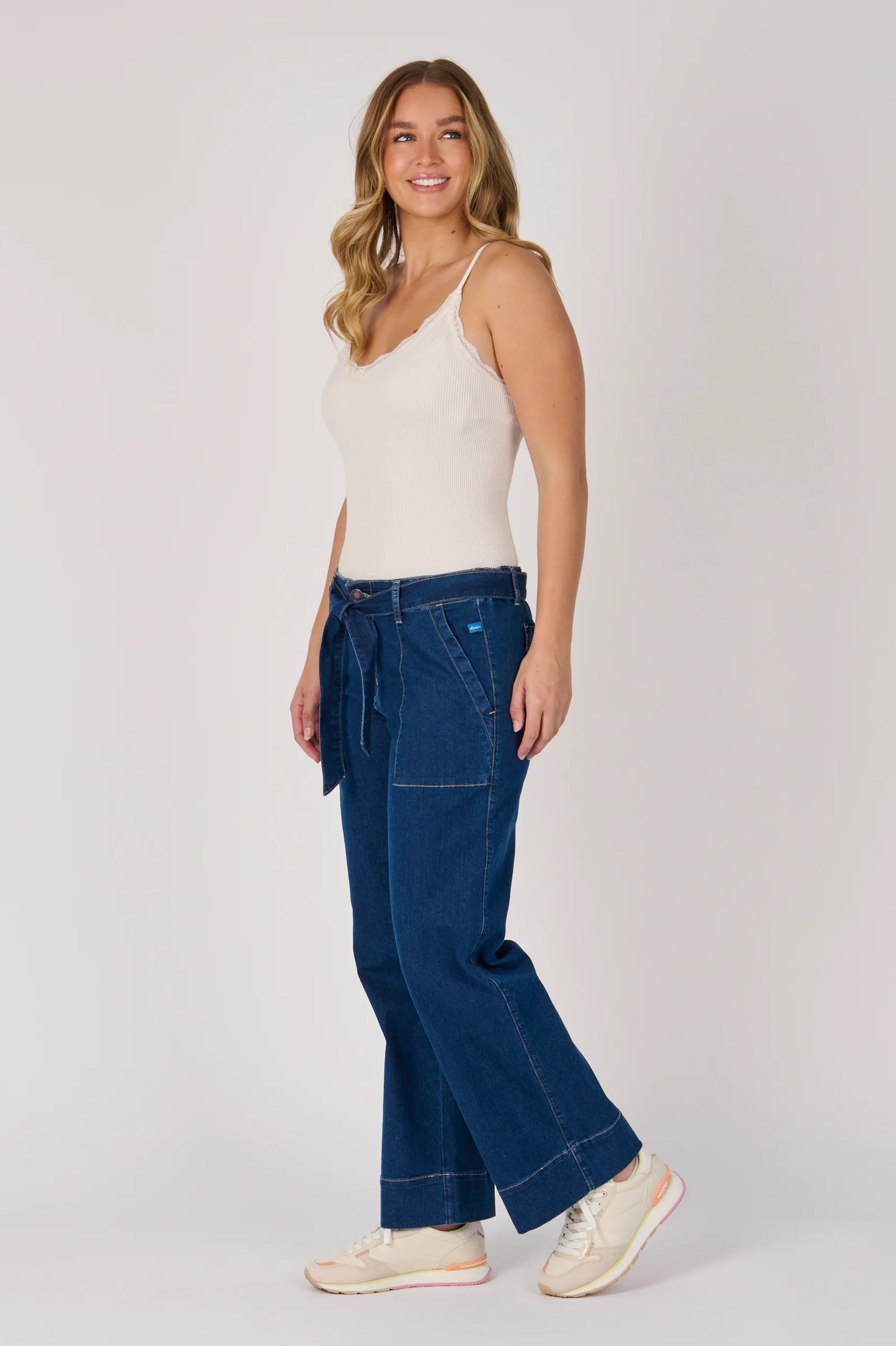 Belt Feature Wide Leg Jeans - Dark Blue